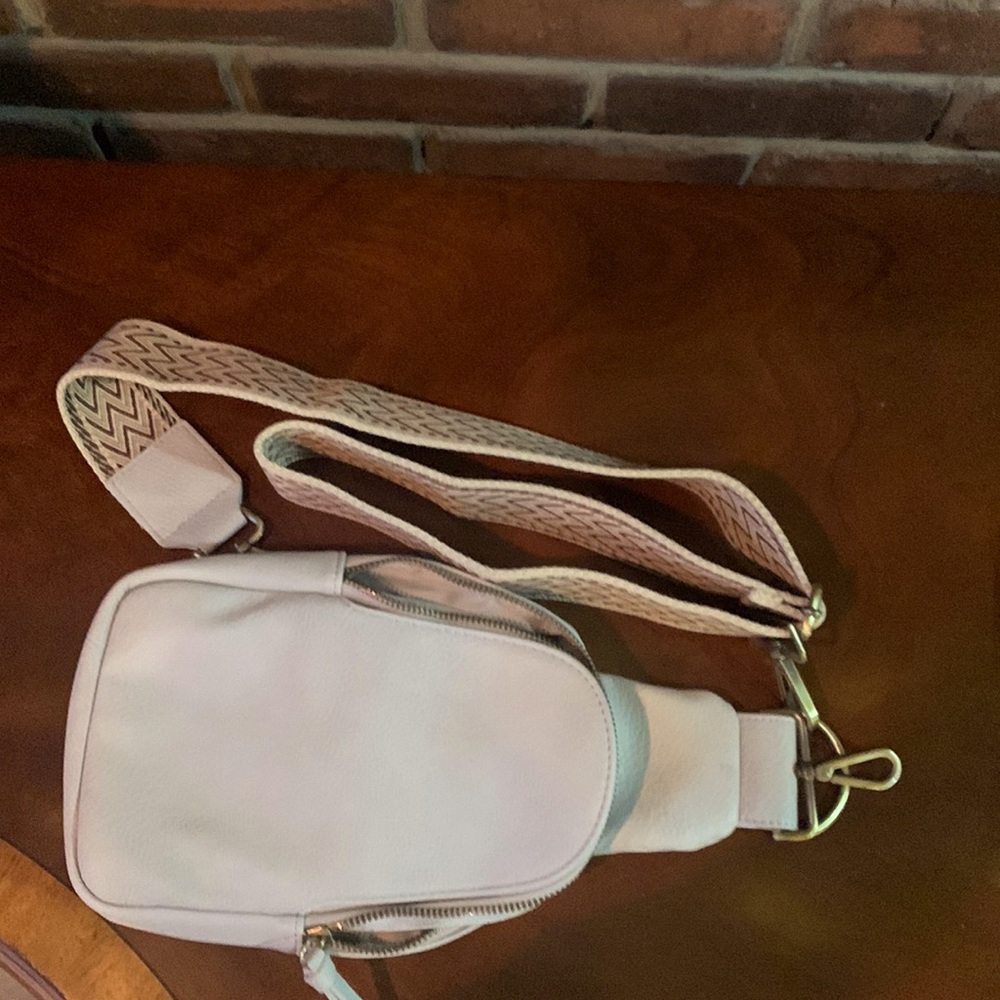 Anthropologie Pale Pink Crossbody Sling Bag with Patterned Strap